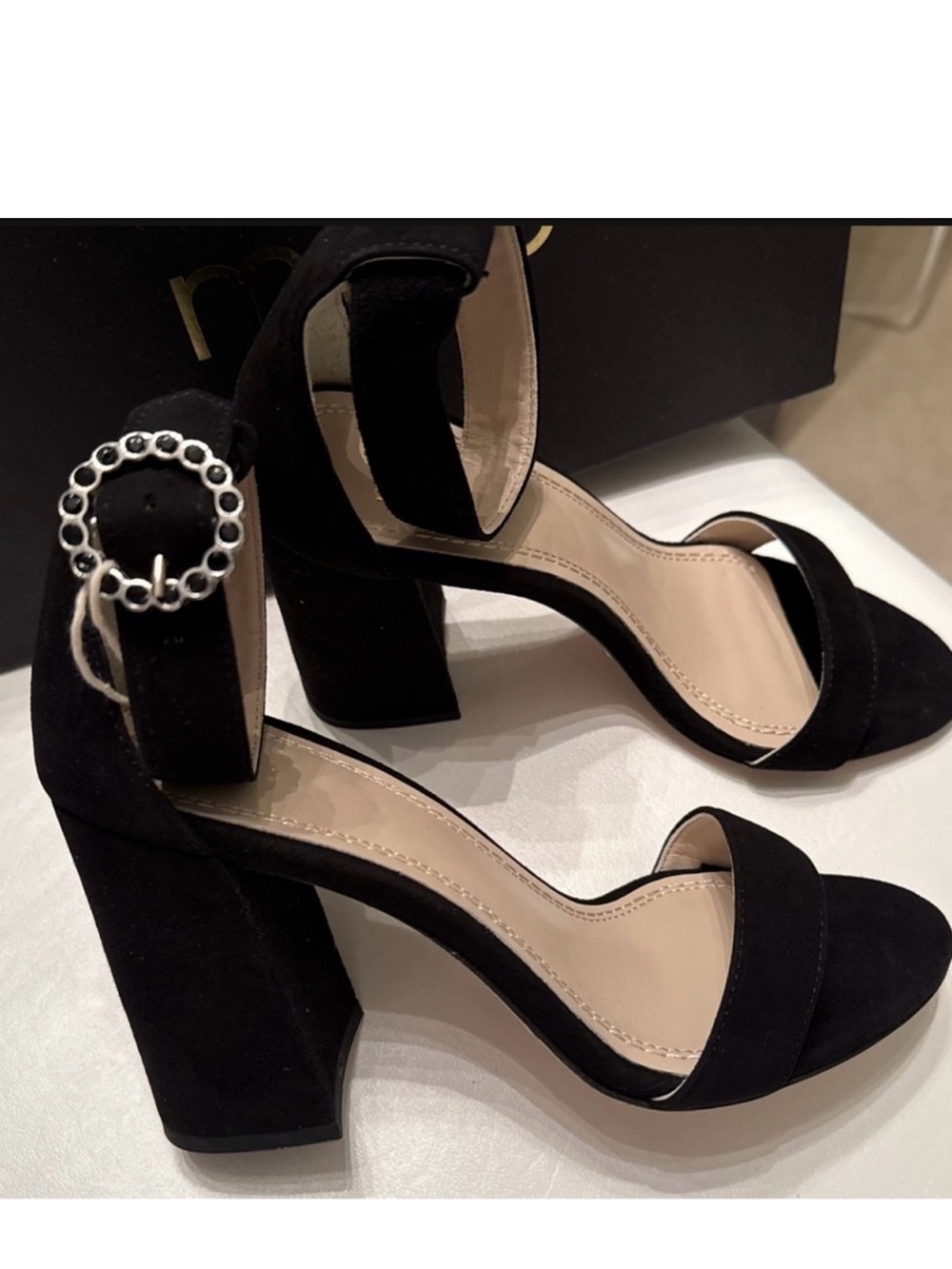Maje Black Suede Block Heel Sandals with Decorative Circular Buckle